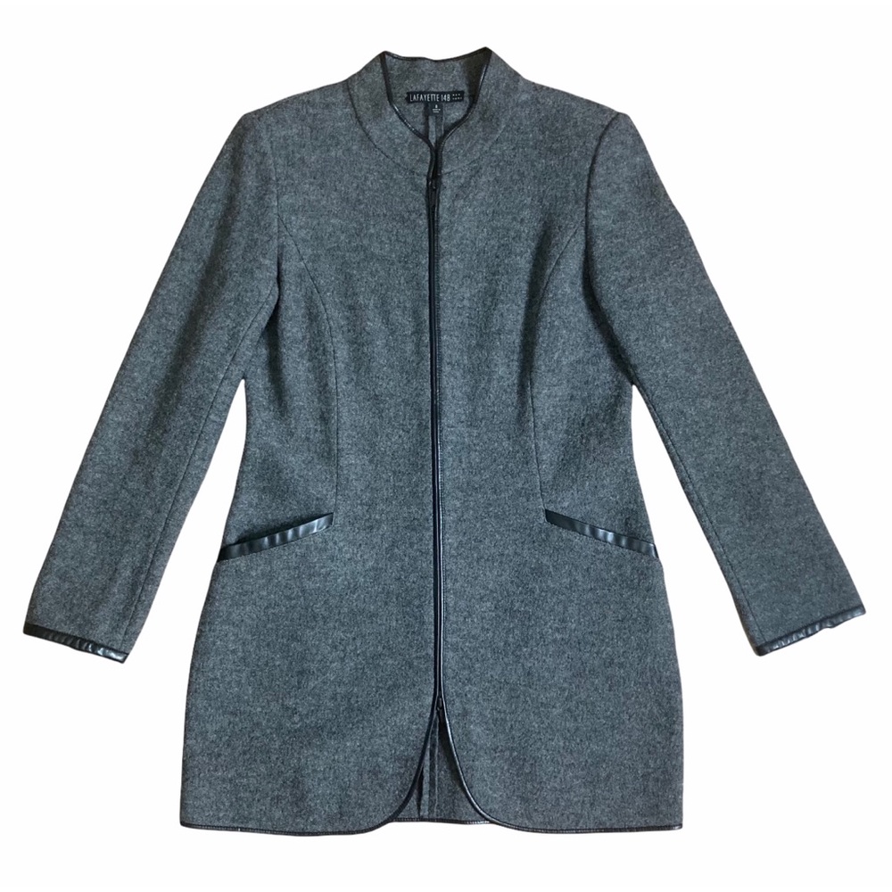 Lafayette 148 New York Gray Virgin Wool Zip Front Car Coat Vegan Leather Trim 8